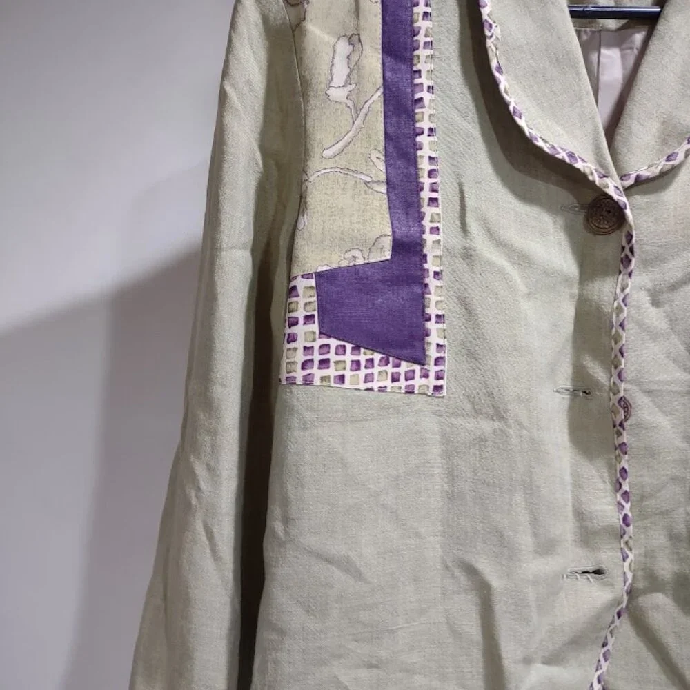 CANVASBACKS SOFT GREEN LINEN RAYON SILK JACKET BLOCK PRINT AND FLORAL90S SIZE M
